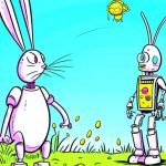 "Ein Roboter und ein Osterhase unterhalten sich über die Lage der Welt" - so heißt der Titel. Das Bild wurde mit diesem Stichwörtern von einer KI hergestellt.