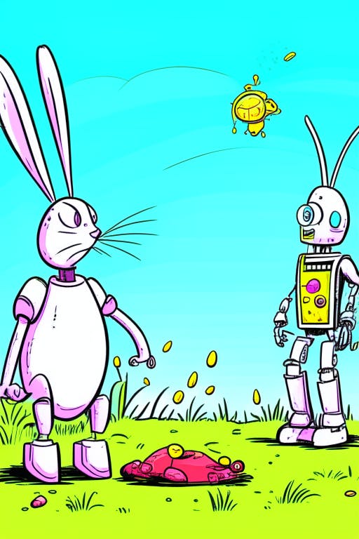 "Ein Roboter und ein Osterhase unterhalten sich über die Lage der Welt" - so heißt der Titel. Das Bild wurde mit diesem Stichwörtern von einer KI hergestellt.