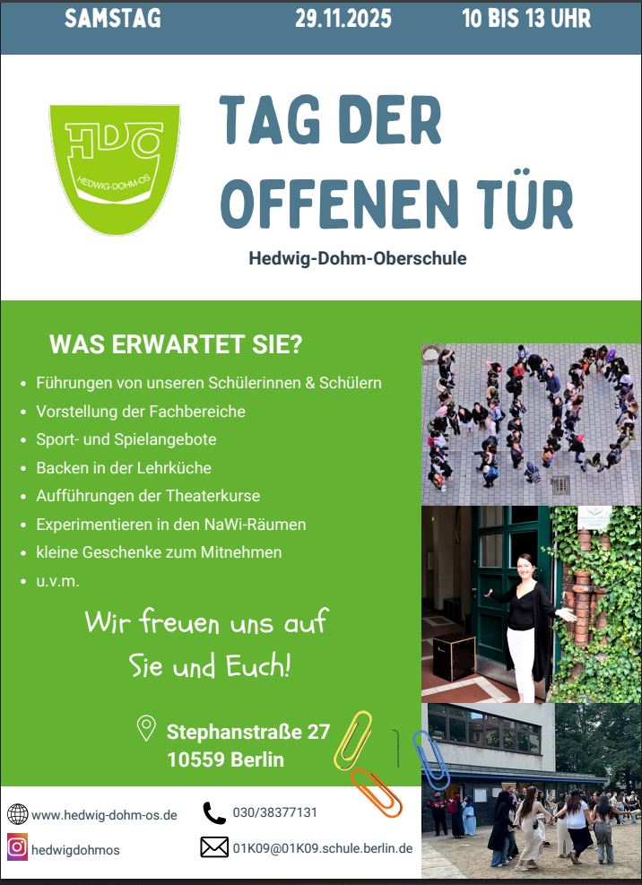 Flyer für den Tag der offenen Tür an der Hedwig-Dohm Oberschule am 29.11.25 von 10 bis 13 Uhr