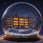 Neujahrsgruß der Hedwig-Dohm-Oberschule: Die verschneite Schule in einer Schneekugel. Das Bild ki-generiert