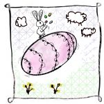 Bunte Zeichnung an der Hedwig-Dohm-Oberschule: Hase wirft bunte Eier über ein großes rosa Osterei, Schafe und Blumen im skizzenhaften Rahmen.