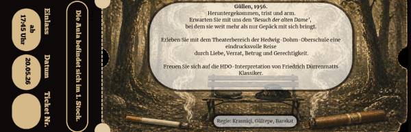 Theaterplakat der Hedwig‑Dohm‑Oberschule mit Ankündigung des Stücks „Güllen, 1956“, kurze Inhaltsangabe und Aufführungsdaten sowie dekorativem Waldrahmen und Sitzbank.